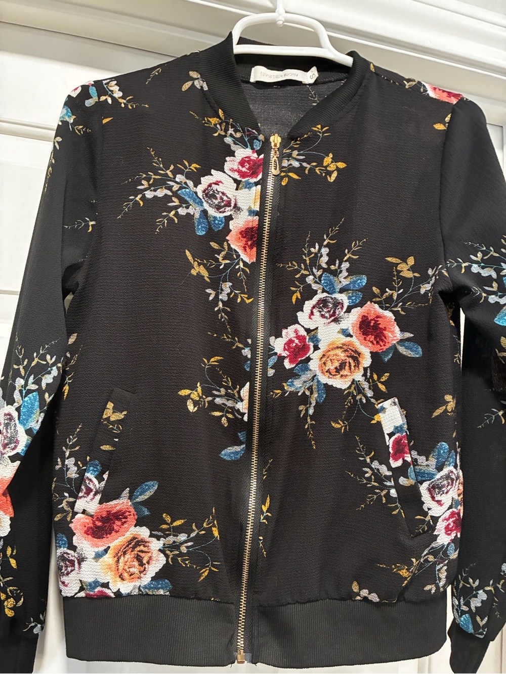 Women’s Black Floral Bomber Jacket with Gold Zip